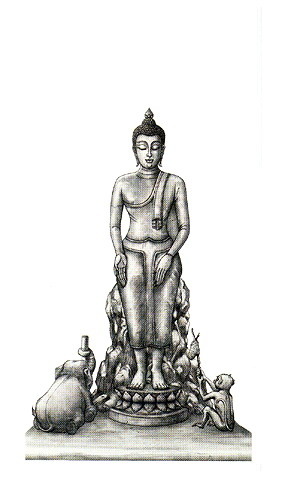 星期三夜晚佛坐像,兩側有象與猴